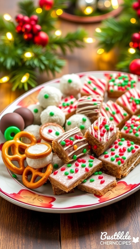 A platter of no-bake holiday treats including chocolate-covered pretzels and energy bites, decorated for Christmas.